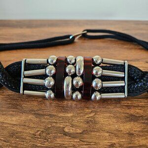 Vintage 90s Beaded Braided Rope Belt Black Brown Silver-Tone Chunky Statement L